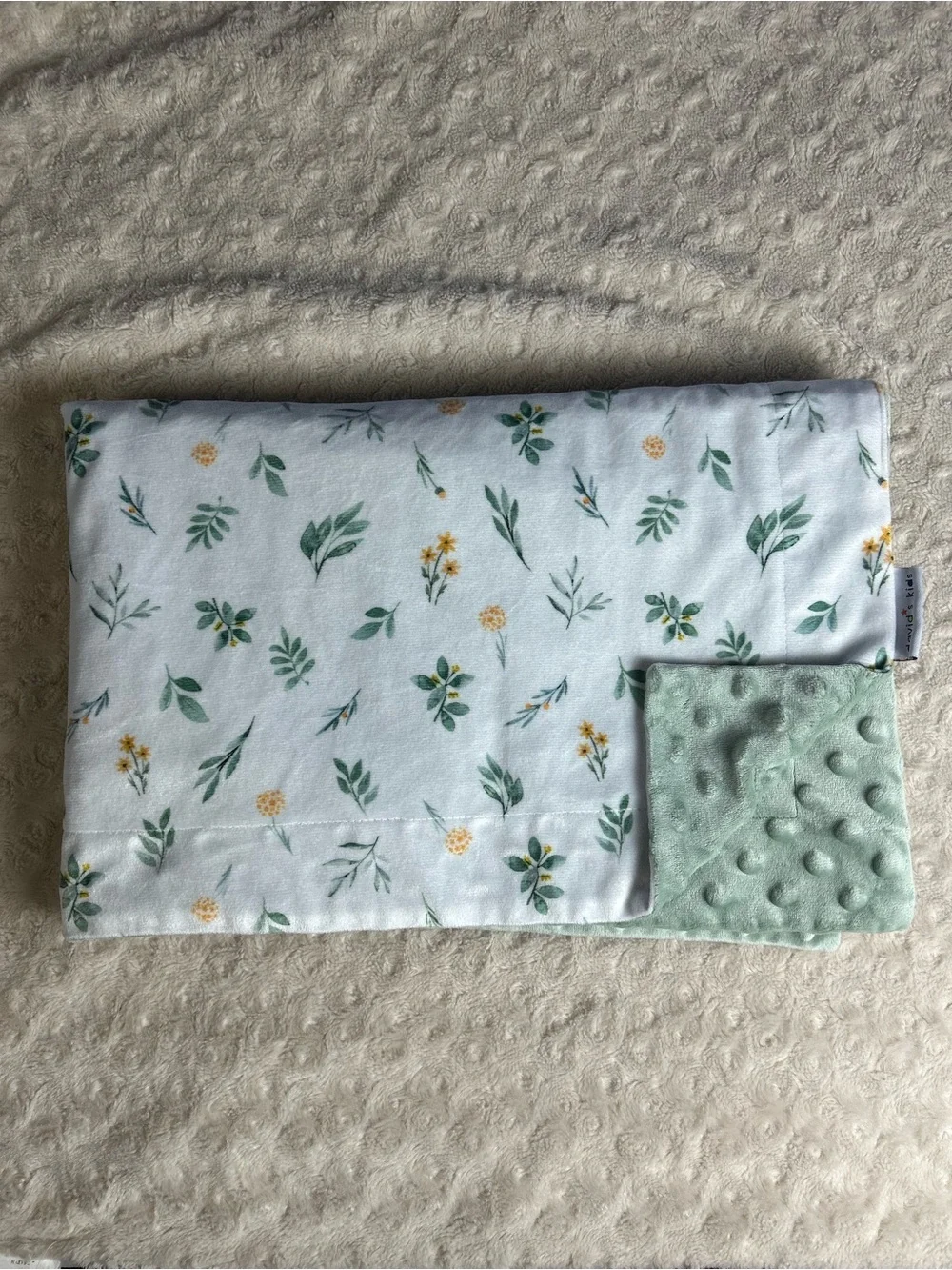 David's Kids Green White Floral Baby Blanket Minky Dot Yellow Flowers Leaves
